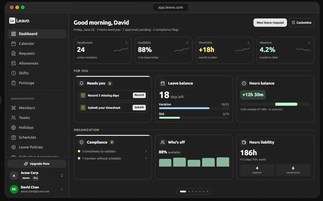 Leavo dashboard: headcount, availability, overtime and leave balances at a glance